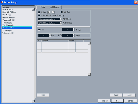 Окно Device Setup, секция VST System Link